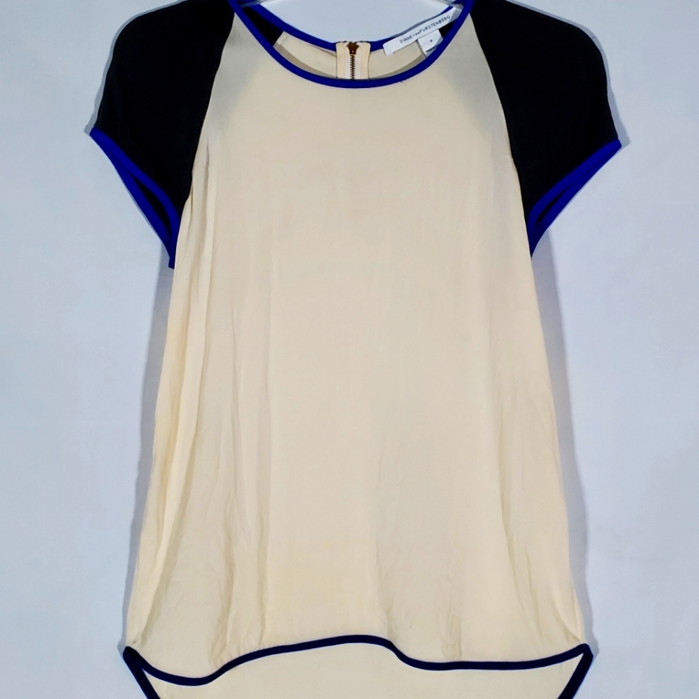 DIANE VON FURSTENBERG DVF CREAM BLACK SILK BLEND BLOUSE LIGHTWEIGHT SHIRT XXS/ P